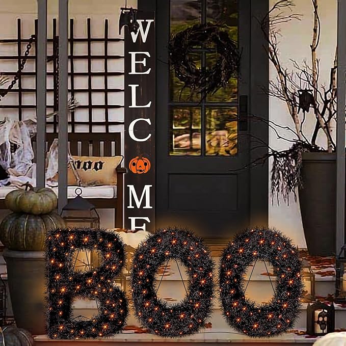 ATDAWN 3 Piece Outdoor Boo Sign Halloween Decoration, Lighted Boo Yard Display Set, Boo Yard Sign for Halloween Indoor Lawn Decor, Black & Orange