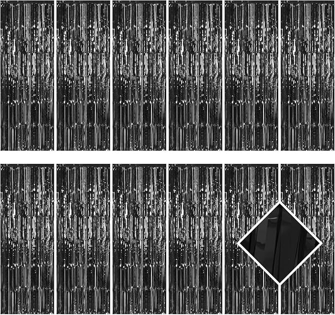 12 Pack Black Foil Curtain Backdrop 3.2ft x 6.6ft Metallic Tinsel Fringe Backdrop Curtains Streamer Photo Booth Backdrop for Birthday Engagement Bachelorette Christmas Holiday Party Decorations