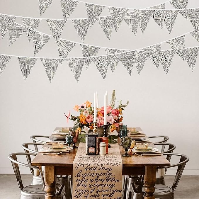 46Ft Vintage Newspaper Burlap Banner Newspaper Burlap Triangle Pennant Flag Linen Bunting Garland Streamers for Vintage Book Birthday Wedding Old News Baby Shower Engagement Library Party Decorations