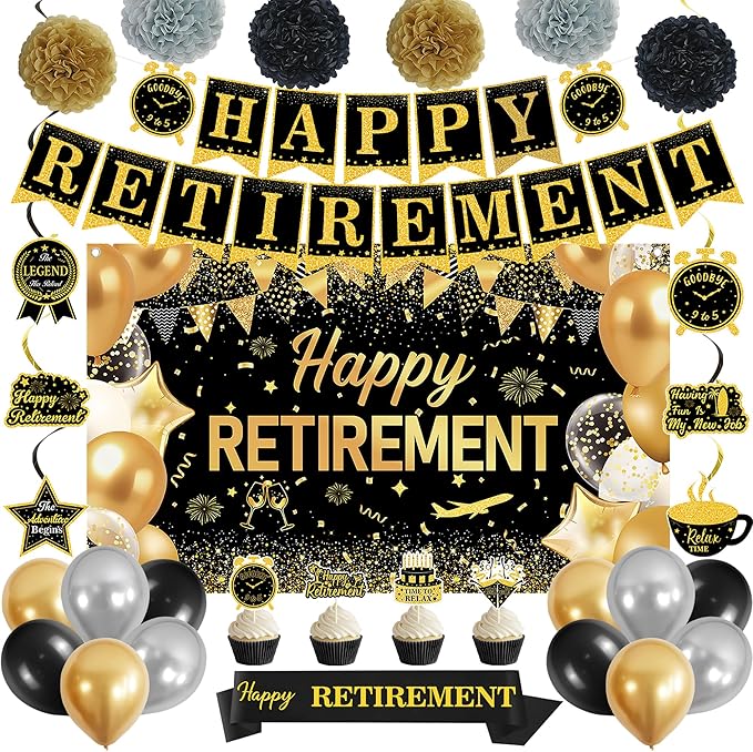 DARUNAXY Black Gold Retirement Party Decorations, Happy Retirement Banner, Officially Retired Hanging Swirl The Legend Has Retired Sash Tissue Paper Pom Poms Party Supplies(31PC)