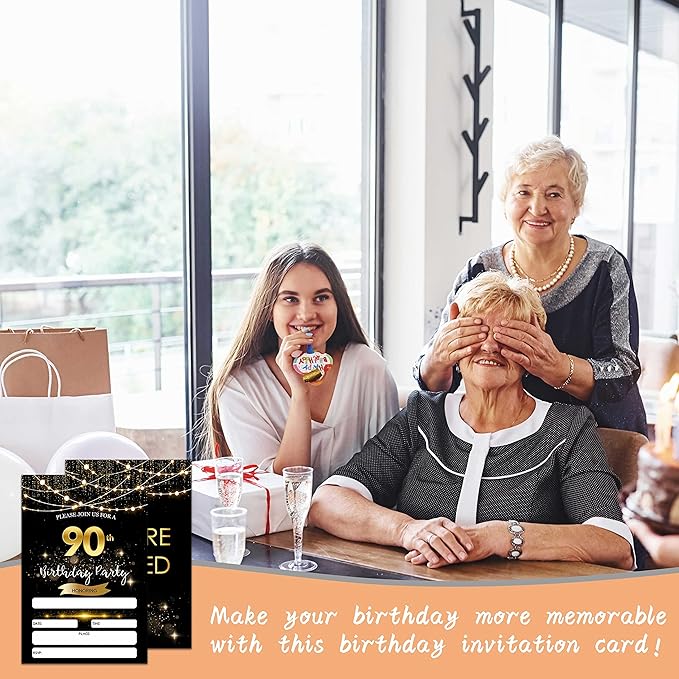 90th Birthday Invitations with Envelopes - Black Gold Glitter Fill-in Invites Cards - Surprise Birthday Party Invitation Card for Him/Her - Adults Birthday Party Favors Supplies Decorations (20 Pack)