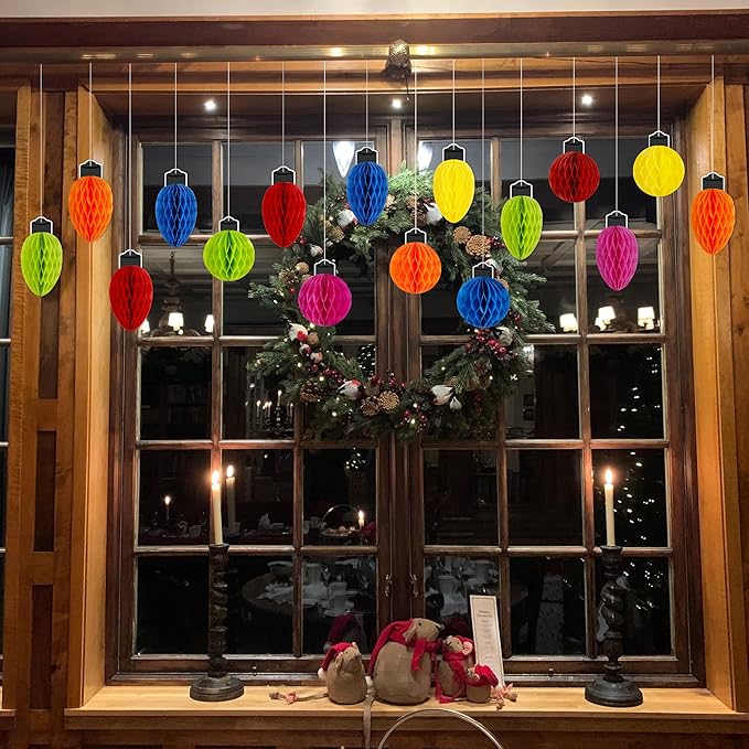 16pcs Christmas Party Decorations Honeycomb Hanging - Paper Ball Light Decor for Tree, Table Centerpieces, Holiday Classroom Supplies