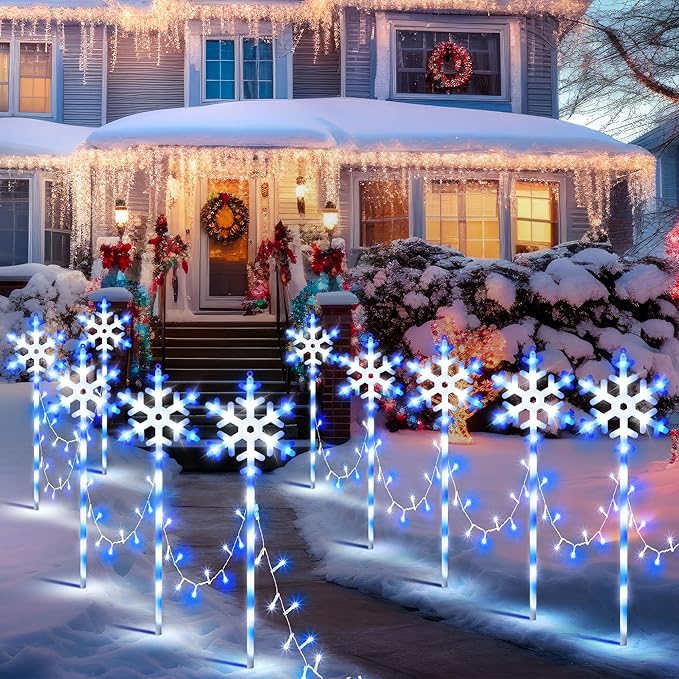 10 Pcs Christmas Snowflake Pathway Stake Lights for Outdoor Yard, 370 Bright LEDs Waterproof Large Christmas Snowflake Light Decoration for Garden Lawn Driveway Walkway Decor (Blue White)