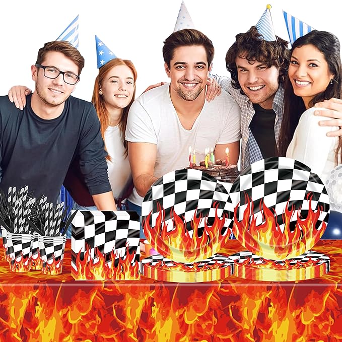 Race Car Birthday Party Decorations, 193Pcs Black White Checkered Race Car Party Supplies Set for 24 Guests, Flame Racing Theme Paper Plates, Tablecloth, Cups, Napkins with Cutlery