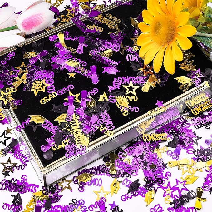 Purple Gold and Black Graduation Confetti 2026, 1000 Pcs Congrats Grad Confetti Class of 2026 Party Table Centerpiece for 2026 Graduation Party Decorations