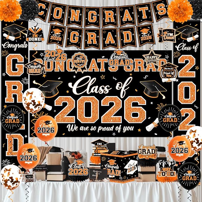 Graduation Decorations Class of 2026,Orange and Black Graduation Decorations 2026- Congrats Grad Decorations Orange Banner＆Hanging Swirls,Card Box,Pompoms,Balloons,Porch Sign for College Grad Party