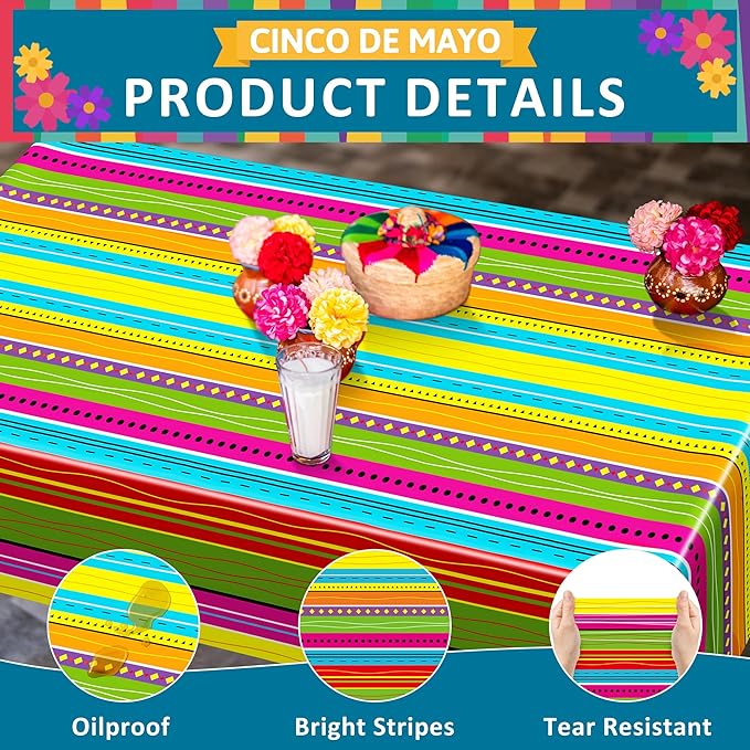 3 Pcs Cinco De Mayo Decorations, Disposable Fiesta Tablecloths (54 X 108 Inches), Rectangle Table Covers with Colorful Serape Stripe Plastic Dinnerware Kitchen Decor for Mexican Themed Party Favors