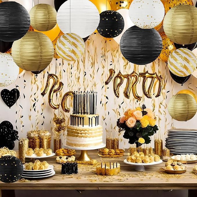 Black and Gold Hanging Paper Lanterns Decorations Graduation 2026 12pcs Paper Lanterns Decorative for Great Gatsby Theme Birthday Retirement Party Decorations