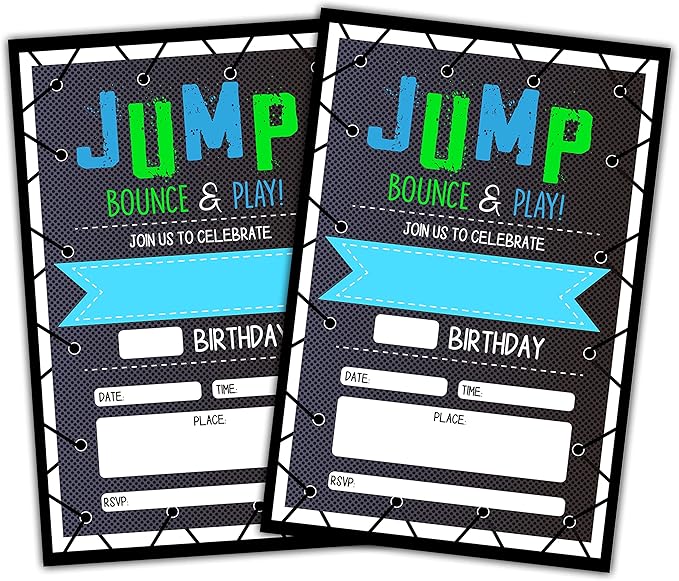 CLIRBE Trampoline Jump Birthday Party Invitations, Bounce House Birthday Invitations For Boys Girls, Kids Birthday Invites, Theme Birthday Party Decorations, 20 Invitations with 20 Envelopes - B02