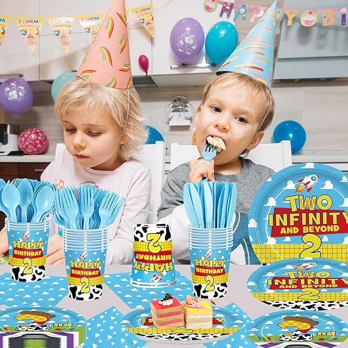 168Pcs Cartoon Story 2nd Birthday Paper Plates Napkins Disposable Tableware Set Two Years Old Birthday Party Supplies for Boys Birthday Party Serve 24 Guests