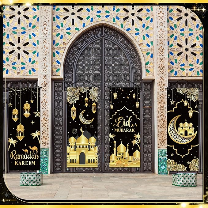 Panelee 4 Pcs Ramadan Mubarak Porch Sign Banners Black Gold Eid Mubarak Decorations Muslim Ramadan Kareem Door Banner Backdrop for Home Doorway Indoor Outdoor Wall Hanging Decor