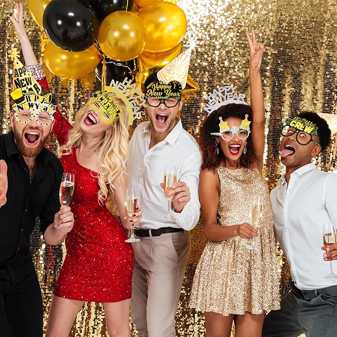HOWAF 36 Pcs New Year Eve Party Supplies 2026, New Years Hats Headband Cone Hats Glitter Paper Eyeglasses Noise Makers White Gold New Years Decorations 2026 for NYE Party Favor Accessories