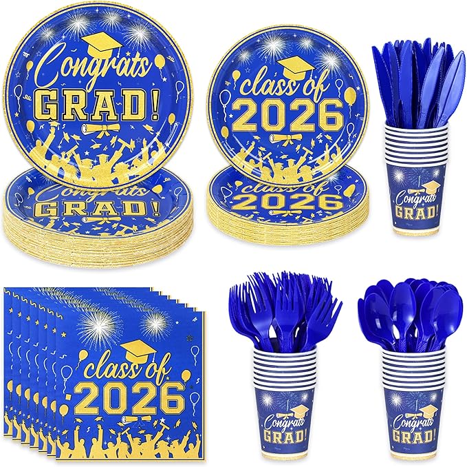 175PCS Graduation Plates and Napkins Set 2026 Graduation Party Supplies Tableware Set Include Paper Plate Napkin Cup Knife Fork Spoon for Grad Party Decor Serve25 (Blue and Gold)