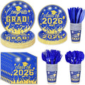 175PCS Graduation Plates and Napkins Set 2026 Graduation Party Supplies Tableware Set Include Paper Plate Napkin Cup Knife Fork Spoon for Grad Party Decor Serve25 (Blue and Gold)