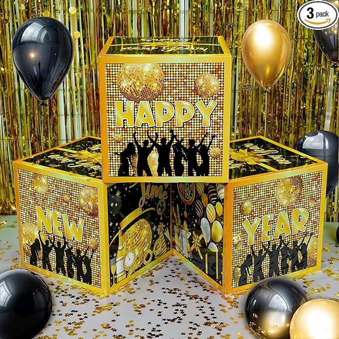 KatchOn, Happy New Years Decorations 2026 - Pack of 3 | New Year Balloon Boxes 2026 for New Years Eve Party Supplies 2026 | Black, Gold New Year Balloons and Confetti Boxes | NYE Decorations 2026