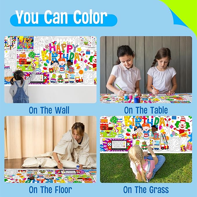 Birthday Coloring Poster, Large Coloring Activity Paper 75” x 31” Jumbo Size Paper DIY Painting Drawing Banner/Tablecloth for School, Birthday Parties, Versatile Wall Decor