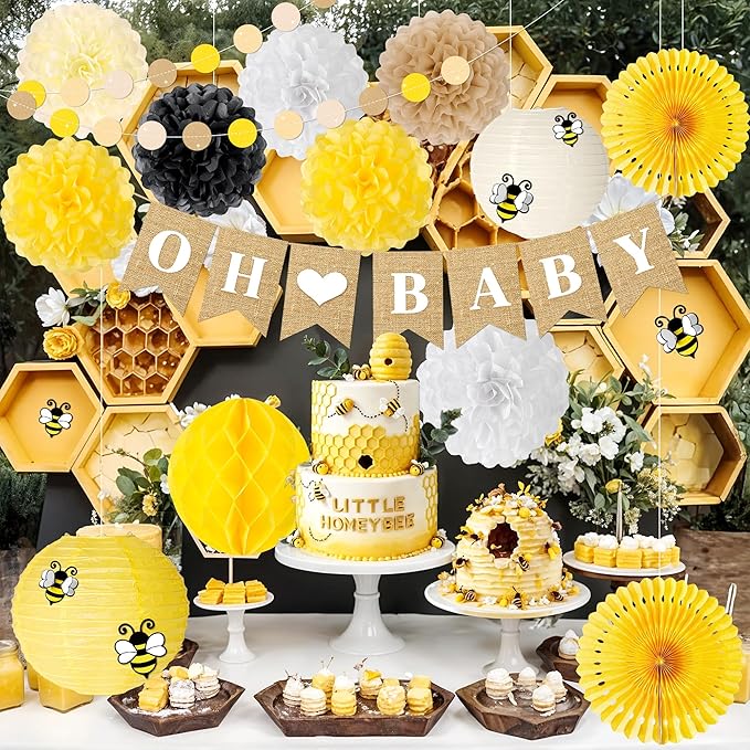 Bee Baby Shower Decorations 14 Pcs Honey Bee Baby Shower Decorations with Banner, Paper Lantern PomPoms Fans, Honeycomb Ball for Bumblebee Party Decor