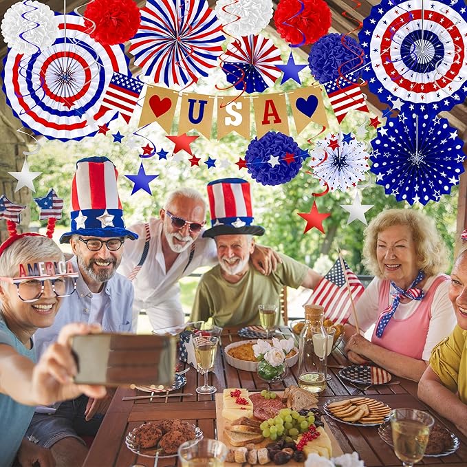 26 PCS 4th of July Decorations, 250th Memorial Day Red White Blue Paper Fans Decorations, 4th of July Banner Pompom Garland and Hanging Swirls Set for Fourth of July Independence Day Decor