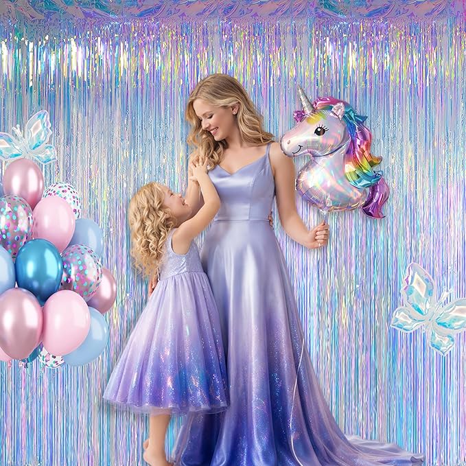 Iridescent Clear Tinsel Curtain Backdrop, 3.28 x 8ft Extra Long Rainbow Foil Fringe Curtain with Extra Tape, Shimmer Party Decoration for Ocean, Unicorn, Birthday & Photo Booth, 2 Pack