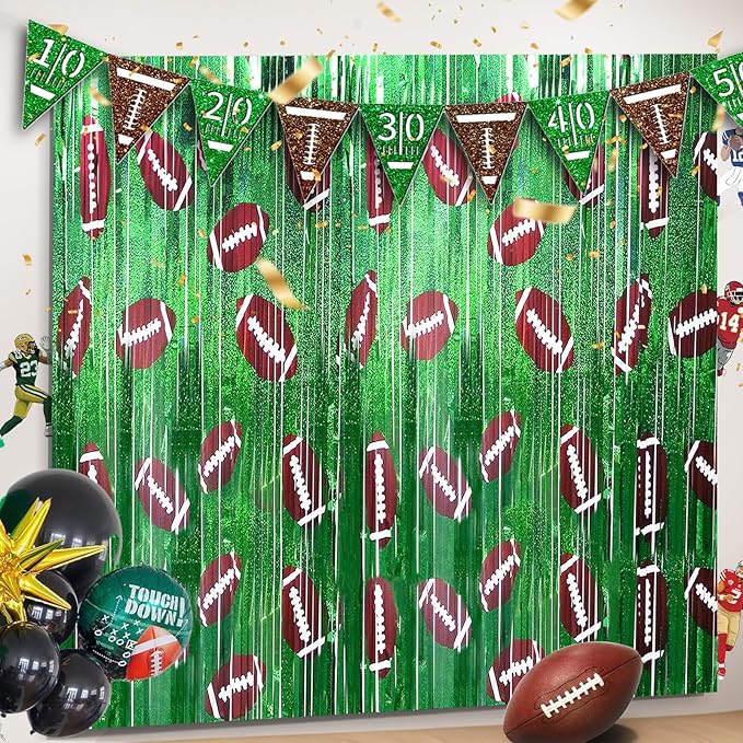 Football Party Decorations Photo Booth Prop, 2 Pcs 3.3x6.6 ft Foil Fringe Curtain Backdrop for Sports Party, Football Themed Decoration
