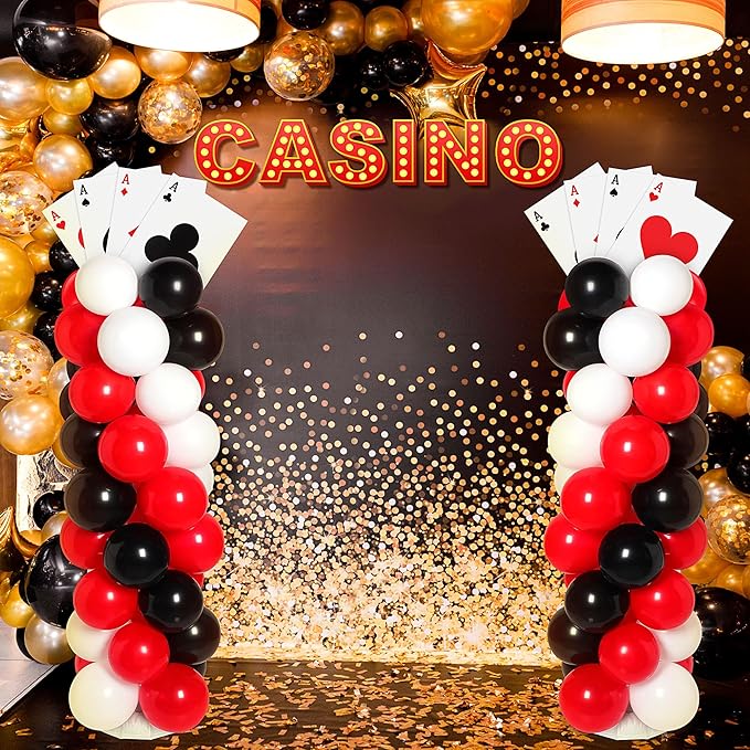 2 Sets Casino Theme Party Decoration Adjustable Poker Themed Balloon Column Stand Kit 8 Pcs Jumbo Poker Cards 129 Pcs Balloon Set for Las Vegas Game Night Birthday Party Supplies(Red Black and White)
