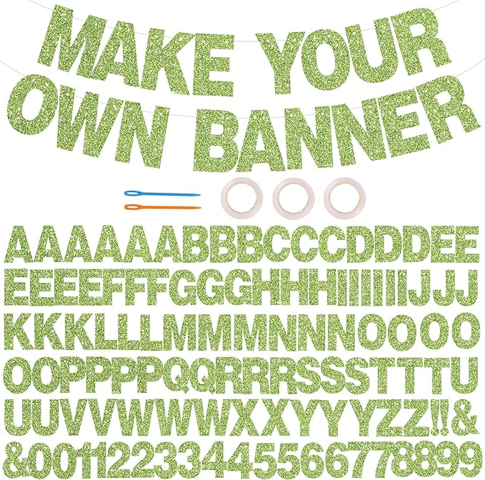 BEISHIDA 116 PCS A-Z DIY Letter Banner Kit Make Your Own Banner Glitter Grass green Including 111 Letters and Numbers 3 Rope and 9 Threading Device,Customized for Birthday Graduation Party Decor