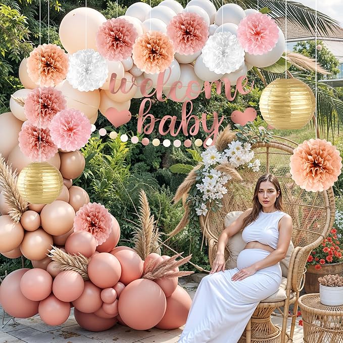 Kriyokiaa 16 Pcs Baby Shower Decorations for Girl Light Rosegold Baby Shower Decorations with Welcome Baby Banners Paper Flower Pom Poms Perfect for Indoor & Outdoor Celebrations