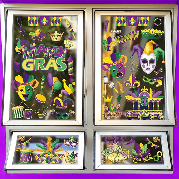 9 Sheets Mardi Gras Window Clings, 11.8 × 7.8 Inches Mardi Gras Decorations, Purple, Gold and Green Window Decals, Double-Sided Carnival Sticker Decor for New Orleans Carnival Holiday Party Supplies
