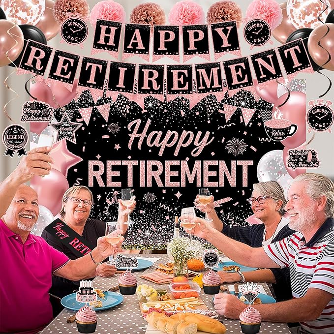 DARUNAXY Rose Gold Retirement Decorations for Women, Happy Retirement Banner, Pink Officially Retired Hanging Swirl The Legend Has Retired Sash Tissue Paper Pom Poms Party Supplies(31PC)