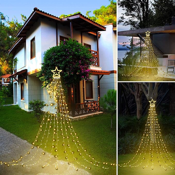 PUHONG Christmas Decoration, Outdoor Star String Lights, Christmas Tree Toppers Lights 320 LED 8 Modes with 12" Lighted Star for Halloween Christmas New Year Holiday Birthday Decor (Warm White)
