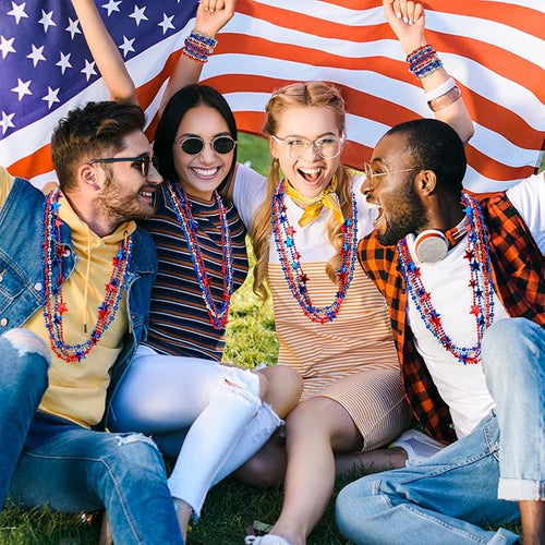 100PCS 4th of July Necklace, 6 Kinds Patriotic Fourth of July Beads Necklace Bulk, Independence Day Red Blue White Stars Round Beads, Patriotic Bulk for Parade Party Celebration Favors