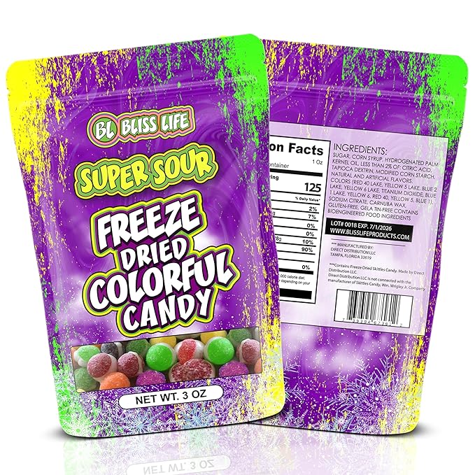 Bliss Life Freeze Dried Super Sour Colorful Candy, Crunchy Sweet, For Parties, Classroom, Office, Goodie Bags, Snack for Kids, (3oz)