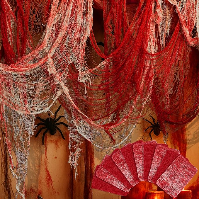 Watayo 10 Pcs Red Bloody Halloween Creepy Cloth, 71" x 30" Haunted House Scary Gauze Decoration, Spooky Fabric Cloth Hanging Halloween Decor for Evil Circus Yard Doorway Horror Themed Party Supplies