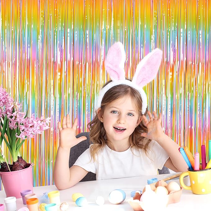 Melsan Pastel Tinsel Backdrop for Easter Decorations, Macaron Rainbow Foil Fringe Curtains 3.2 ft x 8.2 ft for Birthday Party Photo Booth Props Decoration, 2 Pack