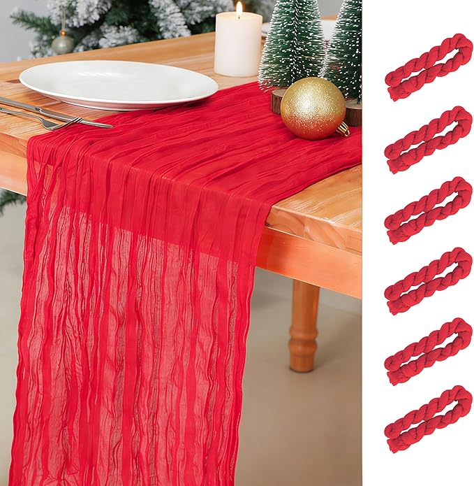 Snowkingdom 6 PCS Red Cheesecloth Table Runner 10 Ft, 120 inch Long Cheese Cloth Gauze Runners for Christmas Wedding Bridal Baby Shower Birthday Holiday Party Table Decorations