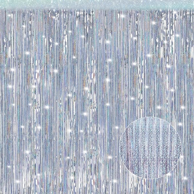 2 Pack Laser Silver Foil Fringe Curtains Streamers Party Decorations 3.3 x 8.2 ft, Pink Tinsel Curtain Fringe Backdrop for Parties, Door Fringe Birthday Streamers, Barbie Backdrop Birthday Decorations
