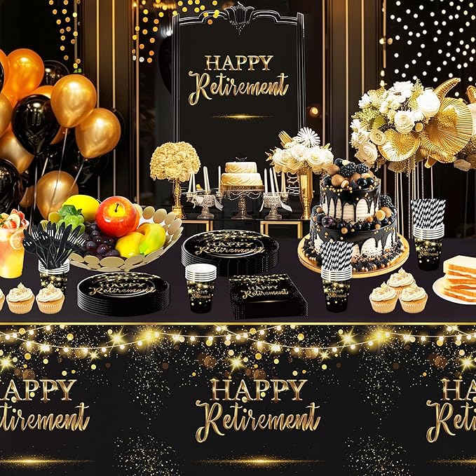 Retirement Decorations Party Supplies, Gold Black Happy Retirement Party Decorations Tableware For Men Women, Paper Plate, Napkin, Cup, Cutlery, Tablecloth, 24 Guests