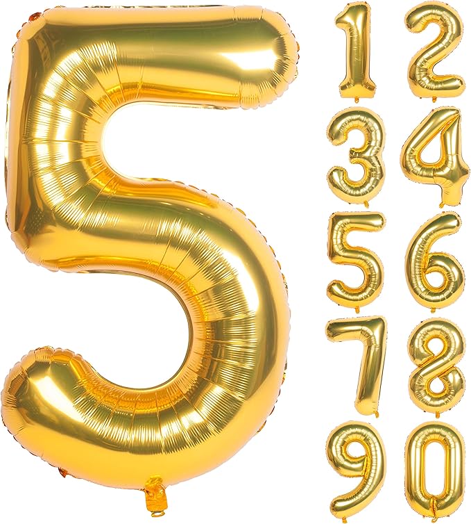 40 Inch Large Gold Number Balloons 5 Aluminum Foil Mylar Big Number Balloons 0-9 Suitable for Gold Birthday Parties, Weddings and Anniversary Photography