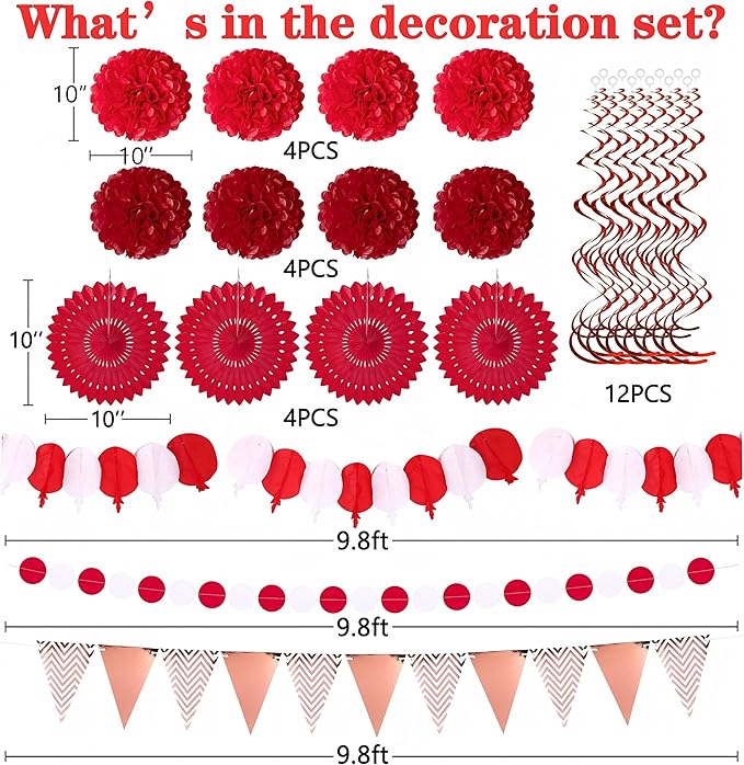 Moon Boat 35PCS Party Decorations Paper Fan Hanging Set - Birthday,Wedding,Baby Shower,Circus,Festival Decor (Red)