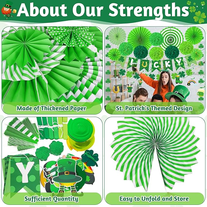 28 PCS St Patricks Day Decorations, Green St Patricks Day Paper Fan Set, Shamrock Decorations with Paper Fans Pompoms, Cards and Swirls, Banner and Garlands, Green Party Decorations for Home