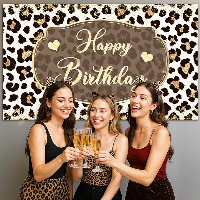 Leopard Happy Birthday Backdrop 5 x 3 Ft Cheetah Print Birthday Decorations Backdrop Banner for Women Girl, Cheetah Leopard Party Decorations for Wall, Photography Background Decor
