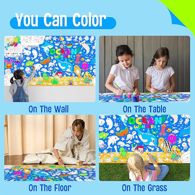 Ocean Coloring Poster, Large Coloring Activity Paper 75” x 31” Jumbo Size Blue Sea-themed Paper DIY Painting Drawing Banner/Tablecloth for School, Wall Decor
