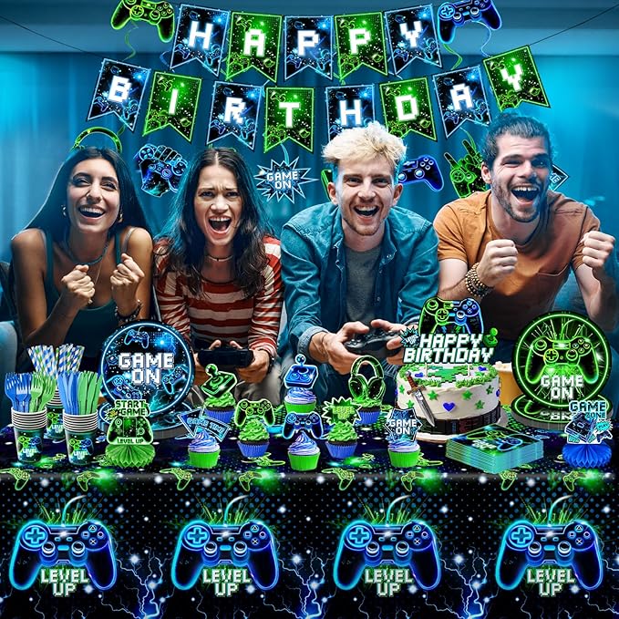 Video Game Birthday Party Decorations for Boy, Neon Gamer Party Tableware Set with 24PCS Plates Cups Napkins, Banner Tablecloth, Balloons, Game Level Up Theme Decor Serves 24