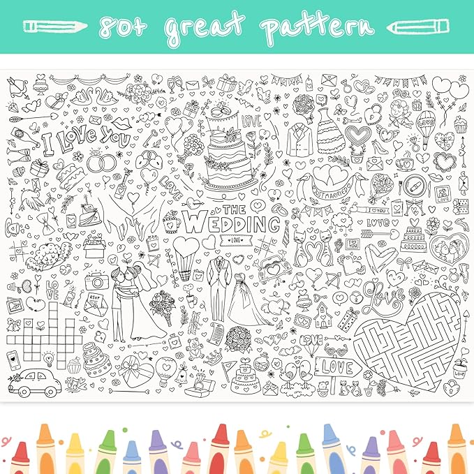 GWHOLE Giant Coloring Poster, 40 x 28 Inch Large Wedding Themed Coloring Tablecloth Colorable Table Cloth for Home School Wedding Bridal Shower