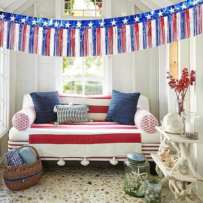 4th of July Decorations 2 Packs 39 Feet Metallic Banner Foil Fringe Garland, Red White and Blue Tinsel Streamers Hanging Backdrop American Flag Star for Parade Floats Memorial Day Patriotic Party