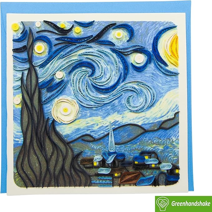 Van Gogh's The Starry Night (1889), Quilling Art Greeting Card - Design Greeting Card for Birthday, Valentine's Day, Mothers Day, Spring, Fathers Day, Graduation, Wedding, Anniversary, Thank You, Get Well, All Occasion. Framable Artwork for Art Lovers.