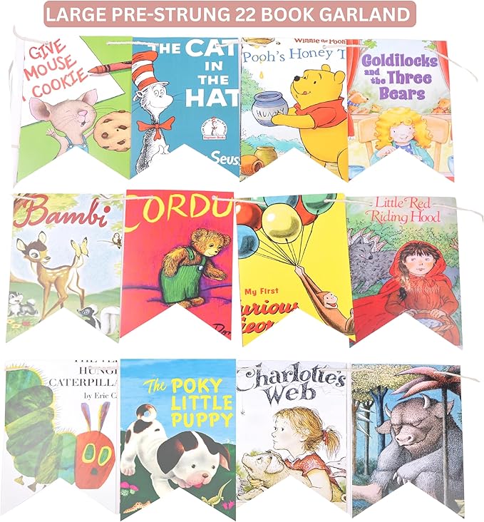 Book Garland – Vintage Book Pages String Decoration – 22 Pieces Perfect for Book Lovers, Kids Room Decor, Themed Parties, Comic Story Party Banner, Home, Library (Print Type, Single-Sided Printed)