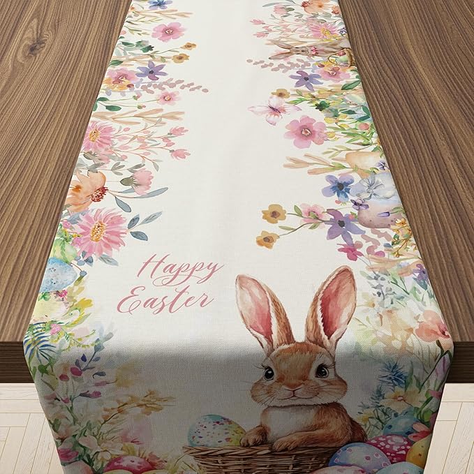 OHOME Easter Decorations - Egg Rabbit Table Runner | Easter Party Decorations Favors Supplies Indoor Outdoor - Spring Backdrop Banner Basket Stuffers for Kitchen Home Dining Table Decor