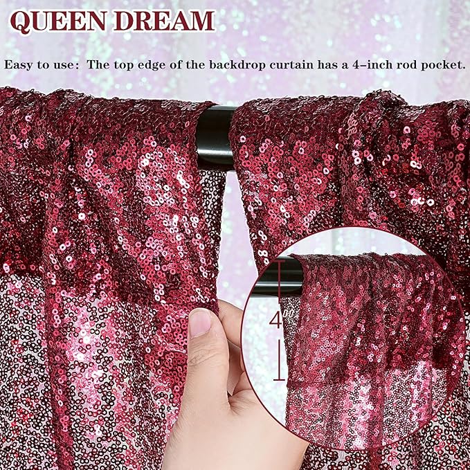 QueenDream 4x8FT Burgundy Red Backdrop Curtains Drape for Wedding Parties - Sequin Backdrop Panels Fabric for Birthday Graduation Home Decor（2 Panels 2ftx8ft