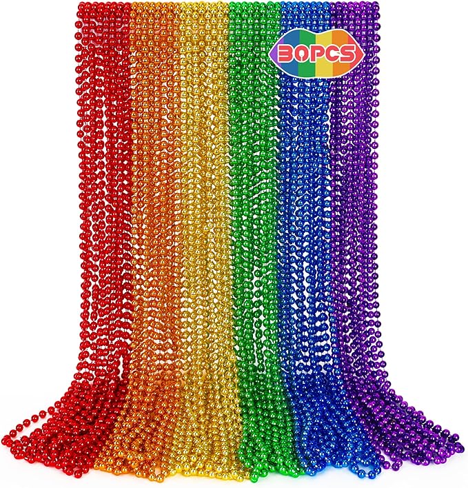 Pride Necklace Accessories , 30PCS Rainbow Beads Necklaces, 6 Kinds Metallic Rainbow Beads Bulk, Round LGBTQ Pride Stuff for Gay Lesbian, Costumes Decor for Parade Throws Party Favors